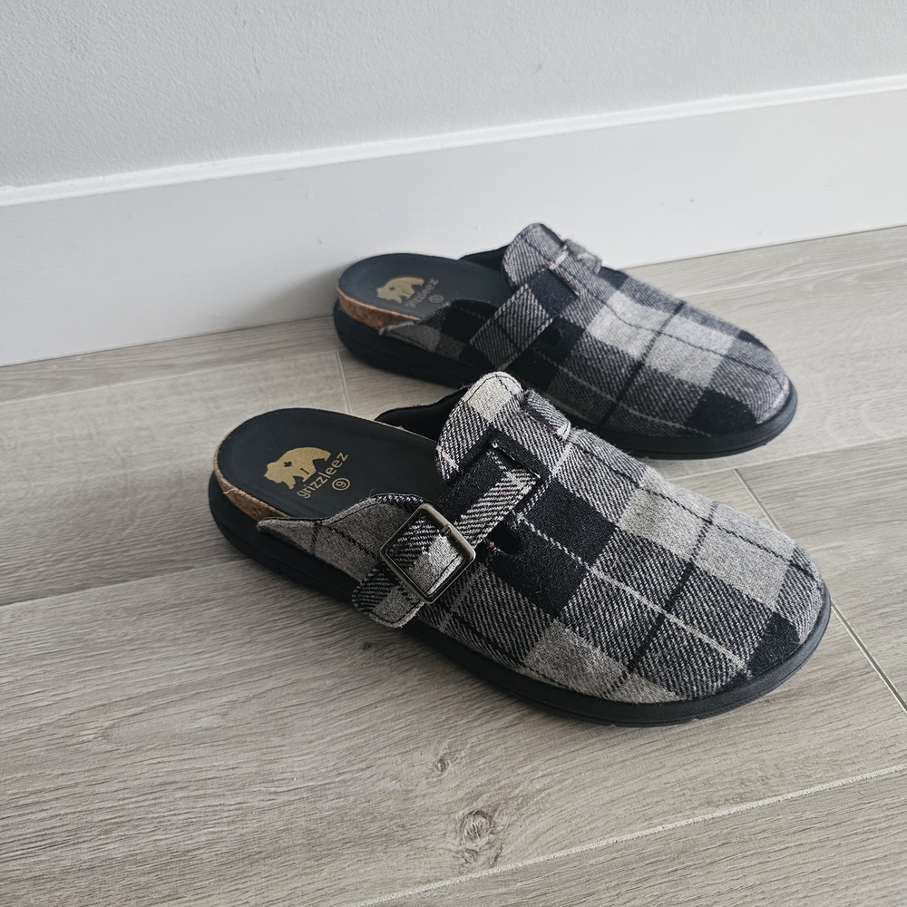 Black and Gray Plaid Slip-On Clogs